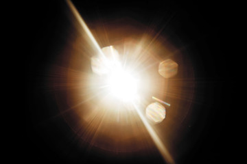 Lens Flare. Light over black background. Easy to add overlay or screen filter over photos. Abstract sun burst with digital lens flare background. Gleams rounded and hexagonal shapes, rainbow halo.