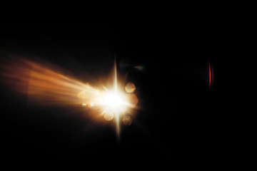 Fototapeta na wymiar Lens Flare. Light over black background. Easy to add overlay or screen filter over photos. Abstract sun burst with digital lens flare background. Gleams rounded and hexagonal shapes, rainbow halo.