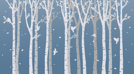 Paper art birch tree on blue background