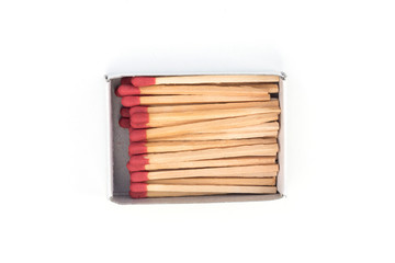 Pile of wooden matches isolated on white background,top view