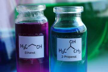 Ethyl and isopropyl alcohols, colored in purple and blue colors. They are used as solvents.