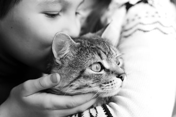 Black and white. Young boy and woman at home kissing and hug lovely fluffy cat. Gray tabby cute kitten with beautiful eyes. Pets, friendship, trust, love, lifestyle concept. Friend of human.