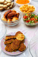 homemade food. toasts with cheese, salads, pies