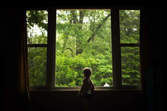 Rear view of boy looking through window