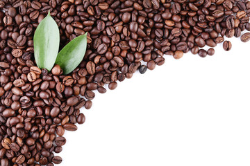 Coffee beans with green leafs on white background