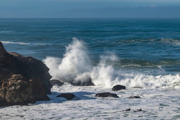 Surfers paddling out into heavy surf