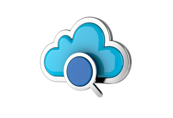 Cloud Computing internet Symbol concept with Magnifying glass icon on white background. 3D rendering.