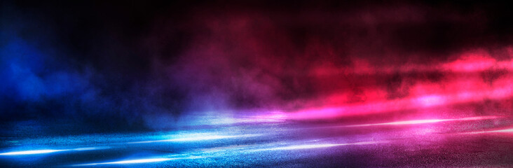 Background of the room with concrete pavement. Blue and pink neon light. Smoke, fog, wet asphalt...