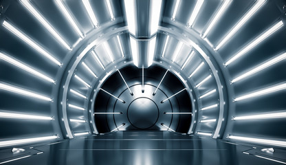 Futuristic tunnel of metal and steel with light. Long corridor interior view. Future sci-fi background concept. 3D rendering.