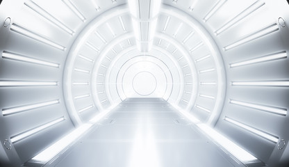 Futuristic white tunnel with light. Long corridor interior view. Future sci-fi background concept. 3D rendering.