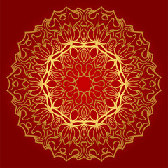 Hand-Drawn Henna Ethnic Mandala. Circle Lace Ornament. Vector Illustration. For Coloring Book, Greeting Card, Invitation, Tattoo. Anti-Stress Therapy Pattern. Red, gold color