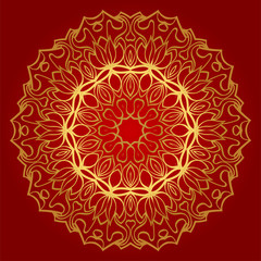 Hand-Drawn Henna Ethnic Mandala. Circle Lace Ornament. Vector Illustration. For Coloring Book, Greeting Card, Invitation, Tattoo. Anti-Stress Therapy Pattern. Red, gold color