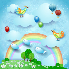 Surreal landscape with rainbow, balloons, birds and flying fishes