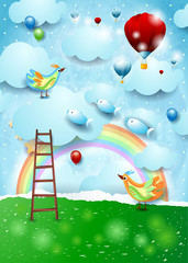 Paper landscape with stairway, balloons, birds and flying fishes