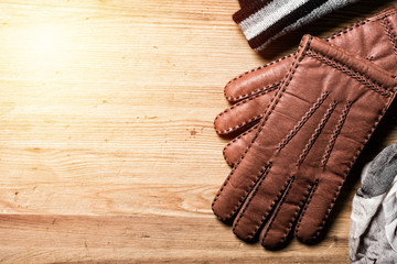 closeup brown leather gloves