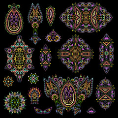Bright bohemian ethnic cliche with paisley and decorative elements. Vector set of various ornaments, deco template. Oriental trendy print for decoration, gift, design,  for women's clothing.