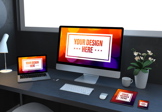 Computer and Mobile Devices on Dark Gray Desk Mockup