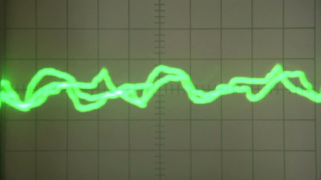 Fluctuations on the Screen. Analog oscilloscope screen with a green beam signal 