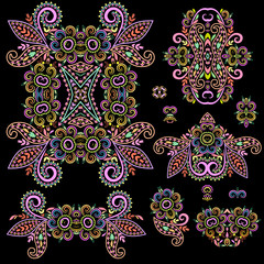 A colorful collection of floral patterns and ethnic elements.Traditional eastern symbols for decoration, for clothes. Ethnic ornament - object isolated. Vector bright print.