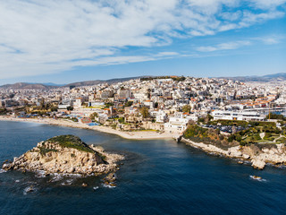 Aerial drone view video of sea near beach with birds fly, Attica, Greece