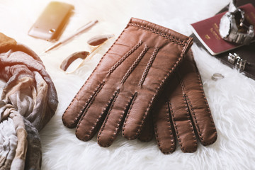 brown leather gloves