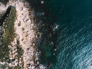 Aerial drone view video of sea near beach with birds fly, Attica, Greece