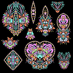 A colorful collection of floral patterns and ethnic elements.Traditional eastern symbols for decoration, for clothes. Ethnic ornament - object isolated. Vector bright print.