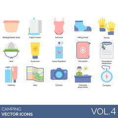 Camping icons including biodegradable soup, paper towels, swimsuit, hiking shoes, gloves, hat, sunscreen, insect repellent, first aid kit, prescription medication, toiletries, map, camera, campsite.