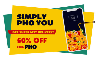 Vector illustration of noodle phone. Pho delivery concept. Chinese noodles with chopsticks. Smartphone visual for food delivery. Online Food Delivery Discount Poster Template