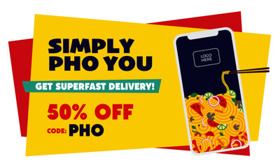 Vector illustration of noodle phone. Pho delivery concept. Chinese noodles with chopsticks. Smartphone visual for food delivery. Online Food Delivery Discount Poster Template