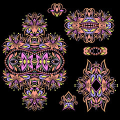 A colorful collection of floral patterns and ethnic elements.Traditional eastern symbols for decoration, for clothes. Ethnic ornament - object isolated. Vector bright print.