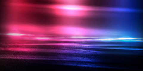 Background of the room with concrete pavement. Blue and pink neon light. Smoke, fog, wet asphalt with reflection of lights. Abstract light, searchlight rays. Night view of the street with lights, dark