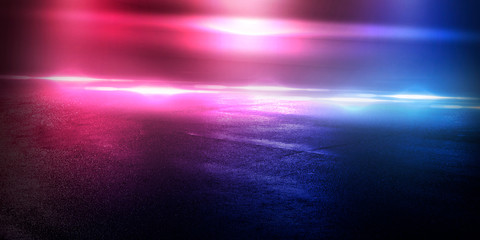 Fototapeta premium Background of the room with concrete pavement. Blue and pink neon light. Smoke, fog, wet asphalt with reflection of lights. Abstract light, searchlight rays. Night view of the street with lights, dark
