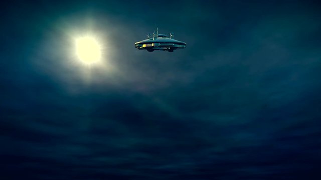 UFO Spaceship approaching and hovering in mid-air.