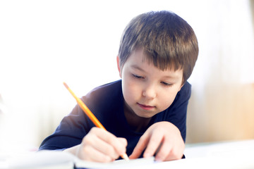 Portrait cute, cheerful little boy in a bright room. Child writing in a notebook with a pencil. Preteen schoolboy doing his homework.