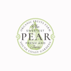 The Sweetest Pear Farm Badge or Logo Template. Hand Drawn Pear with Leaf Sketch with Retro Typography and Borders. Vintage Premium Emblem.