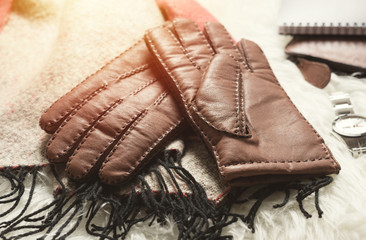 brown leather gloves