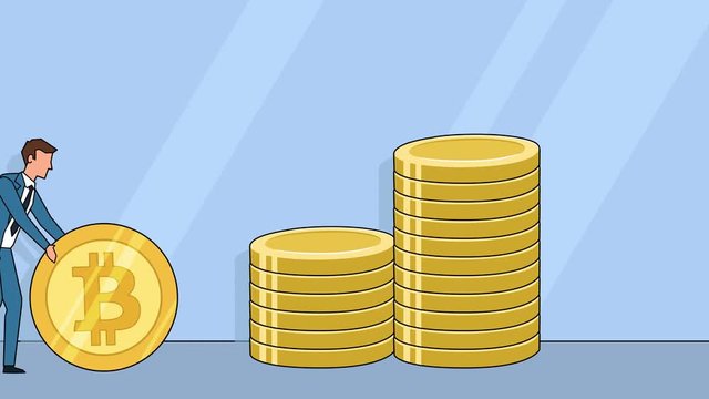 Flat cartoon businessman character roll  bitcoin coin money concept animation