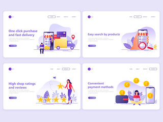 Fototapeta na wymiar Set of Landing page templates. Online Shopping, E-commerce, Retail, Internet Banking. Flat vector illustration concepts for a web page or website.