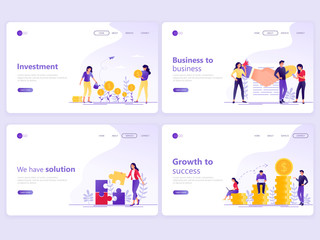 Obraz na płótnie Canvas Set of Landing page templates. Business investment, partnership, financial consulting, growth to success. Flat vector illustration concepts for a web page or website.