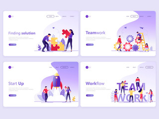 Obraz na płótnie Canvas Set of Landing page templates. Business service app, team work, start up, solution, workflow. Flat vector illustration concepts for a web page or website.