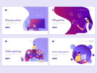 Set of Landing page templates. Video gaming, online games, VR gaming, gamepad. Flat vector illustration concepts for a web page or website.