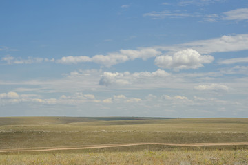 Road in the steppe on a sunny day on the background of grass and cloudy sky.