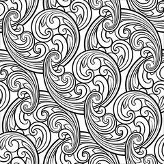 Seamless baroque scrolls line pattern in eastern or arabic style. Exquisite monochrome texture. Black and white graphic background, lace pattern