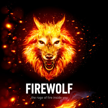 Head of Aggressive Fire Woolf in Sparks. Concept Image of a Red Wolf and Flame on a Black Background