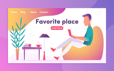 Freelancer in the workplace. Young businessman working on his laptop.