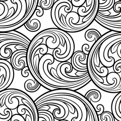 Seamless baroque scrolls line pattern in eastern or arabic style. Exquisite monochrome texture. Black and white graphic background, lace pattern