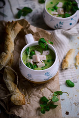 Minted, ham and pea cream soup