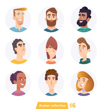 Cheerful people avatar collection. User faces. Trendy modern style. Flat Cartoon Character design.