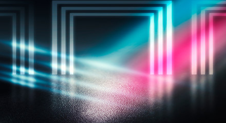 Background empty street at night. Wet asphalt, reflection of neon multi-colored light. Fog, smoke
